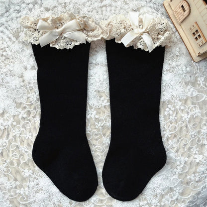 New Winter Autumn Baby Girls Knee High Socks Lace  Ruffle Long Sock Cotton Kids Toddlers Princess Christma Socken For 0-5Years - ZOOMNSTORE