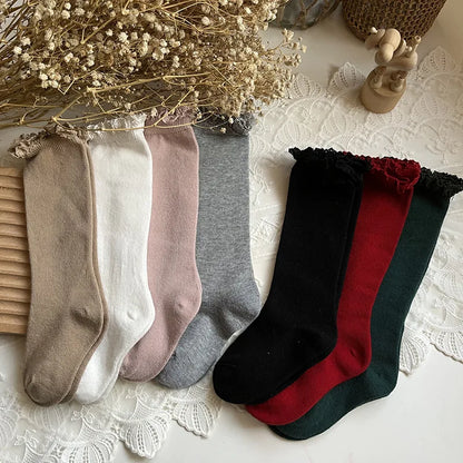 New Winter Autumn Baby Girls Knee High Socks Lace  Ruffle Long Sock Cotton Kids Toddlers Princess Christma Socken For 0-5Years - ZOOMNSTORE