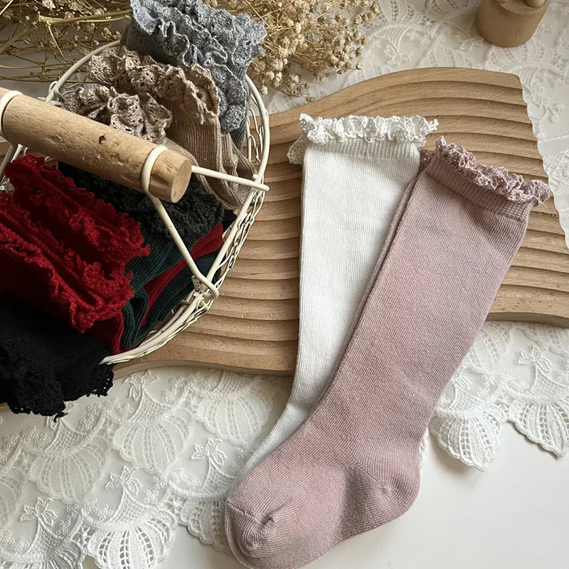 New Winter Autumn Baby Girls Knee High Socks Lace  Ruffle Long Sock Cotton Kids Toddlers Princess Christma Socken For 0-5Years - ZOOMNSTORE