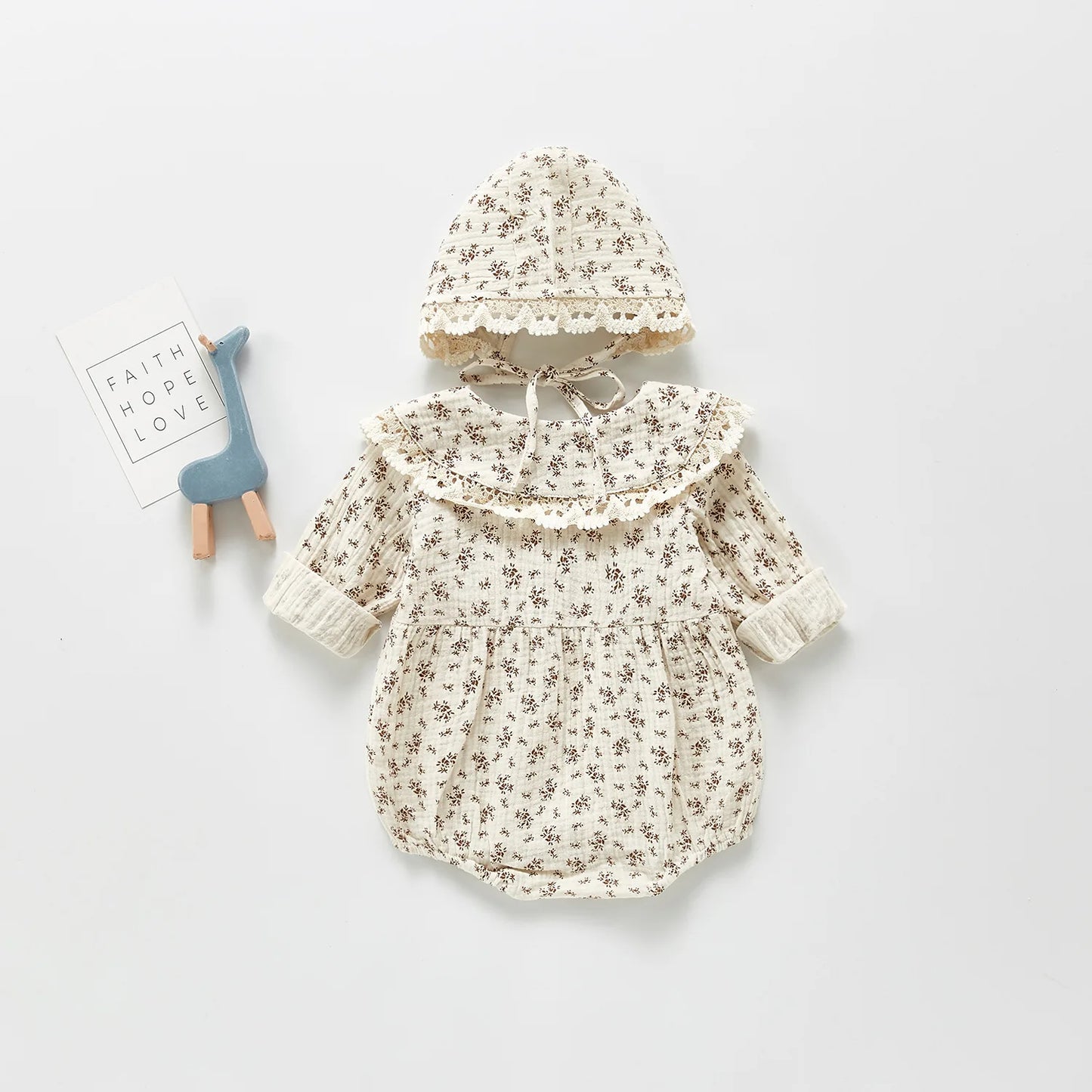 Baby Girls Romper - Autumn Floral Infant Bodysuit with Muslin Hat & Button Collar - ZOOMNSTORE