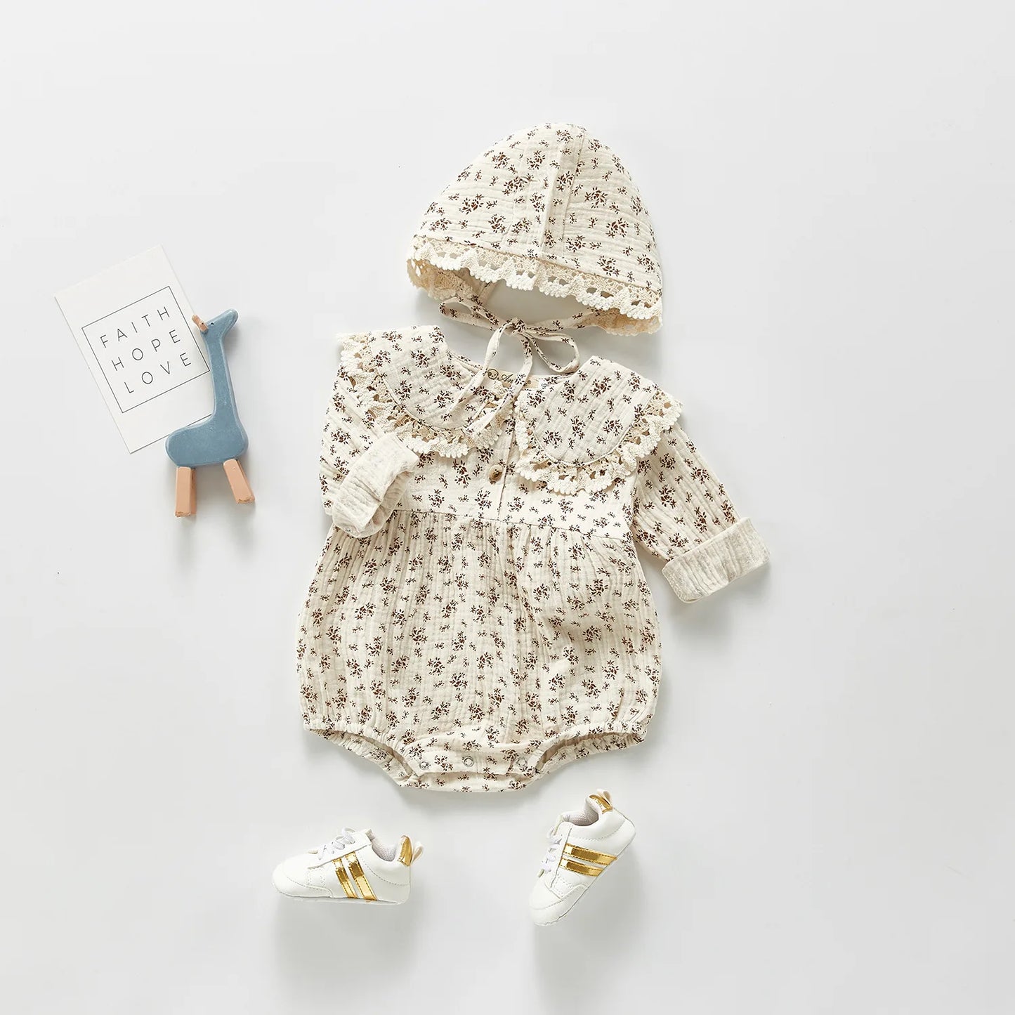 Baby Girls Romper - Autumn Floral Infant Bodysuit with Muslin Hat & Button Collar - ZOOMNSTORE