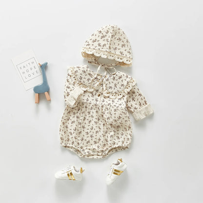 Baby Girls Romper - Autumn Floral Infant Bodysuit with Muslin Hat & Button Collar - ZOOMNSTORE