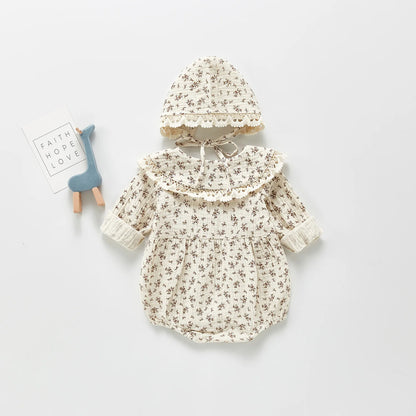 Baby Girls Romper - Autumn Floral Infant Bodysuit with Muslin Hat & Button Collar - ZOOMNSTORE