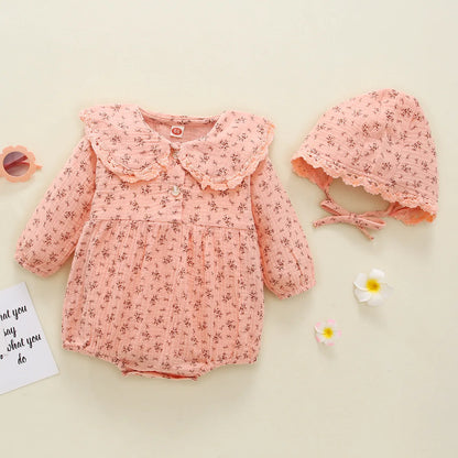 Baby Girls Romper - Autumn Floral Infant Bodysuit with Muslin Hat & Button Collar - ZOOMNSTORE