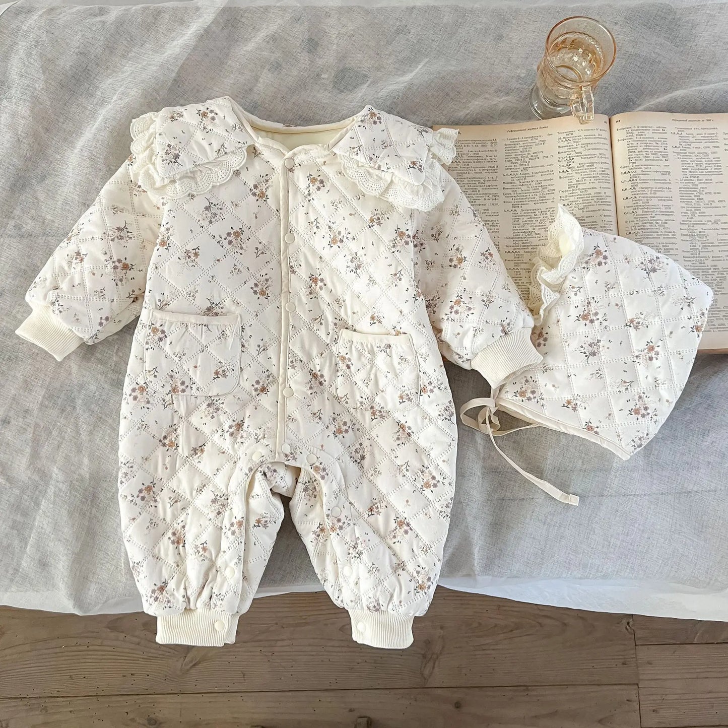 Baby Girls Romper Newborn Floral Infant Onepiece | Warm Winter Baby Outfit Cotton Spandex Hat - ZOOMNSTORE