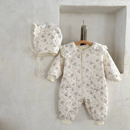 Baby Girls Romper Newborn Floral Infant Onepiece | Warm Winter Baby Outfit Cotton Spandex Hat - ZOOMNSTORE