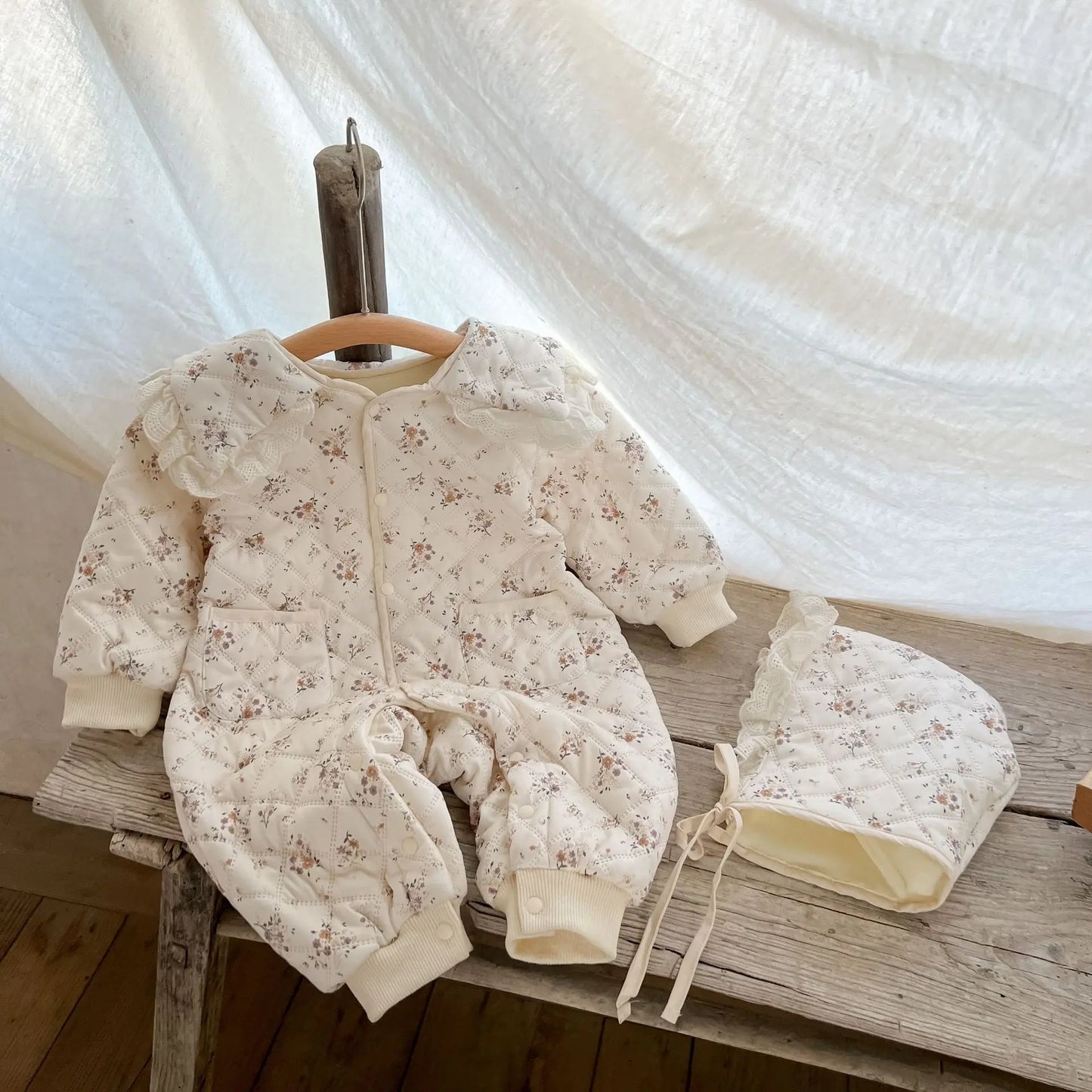Baby Girls Romper Newborn Floral Infant Onepiece | Warm Winter Baby Outfit Cotton Spandex Hat - ZOOMNSTORE