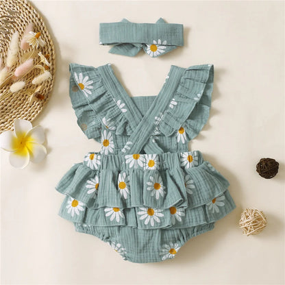 Baby Girls Romper - Summer Newborn 0-18 Month Sunflower Print Sleeveless Onepiece - ZOOMNSTORE