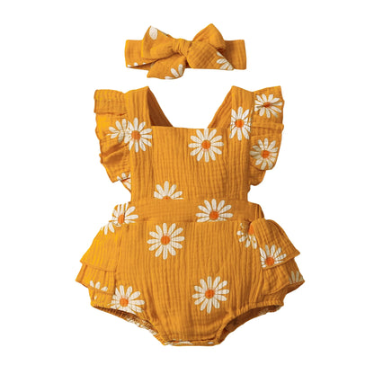 Baby Girls Romper - Summer Newborn 0-18 Month Sunflower Print Sleeveless Onepiece - ZOOMNSTORE