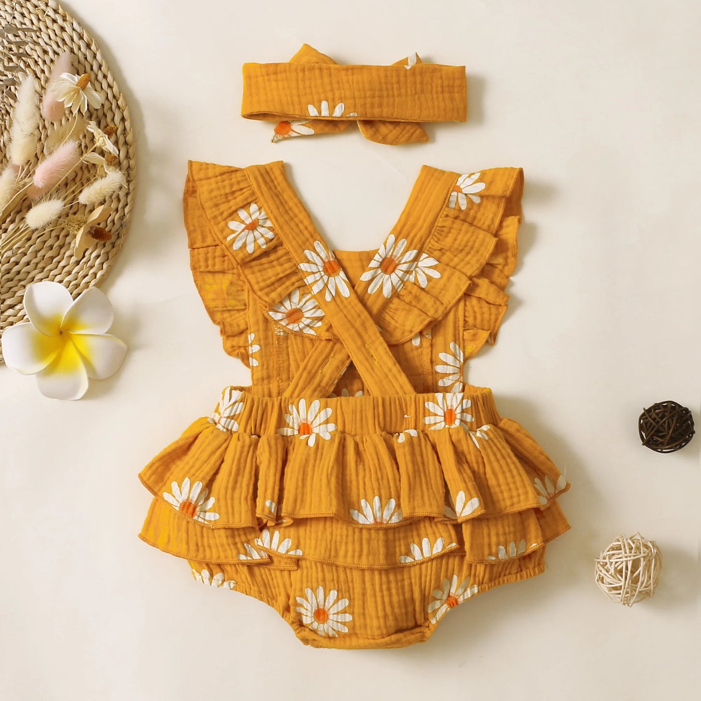 Baby Girls Romper - Summer Newborn 0-18 Month Sunflower Print Sleeveless Onepiece - ZOOMNSTORE