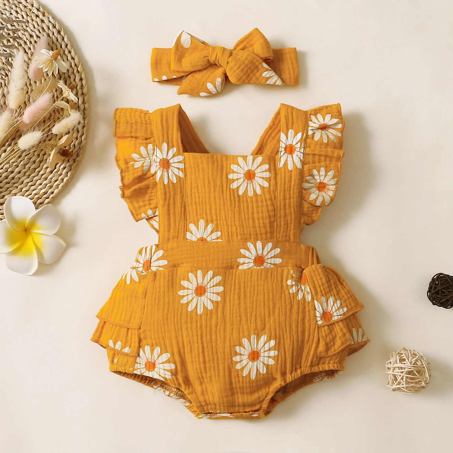 Baby Girls Romper - Summer Newborn 0-18 Month Sunflower Print Sleeveless Onepiece - ZOOMNSTORE