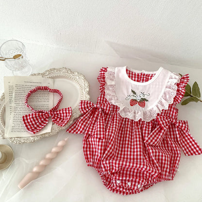Baby Girls Romper - Summer Plaid Strawberry Embroidery Sleeveless Cotton Bodysuit - ZOOMNSTORE