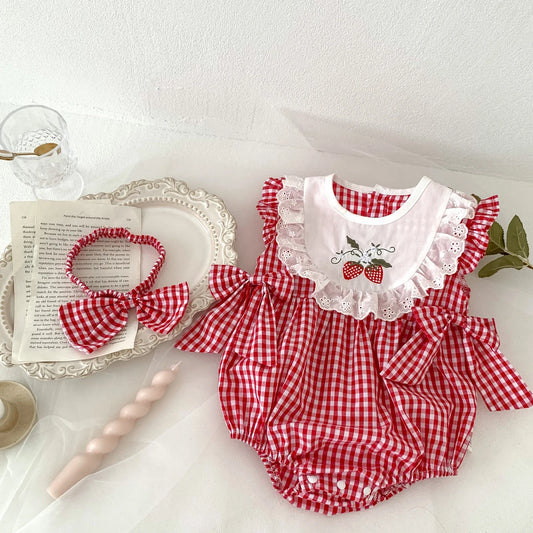 Baby Girls Romper - Summer Plaid Strawberry Embroidery Sleeveless Cotton Bodysuit - ZOOMNSTORE