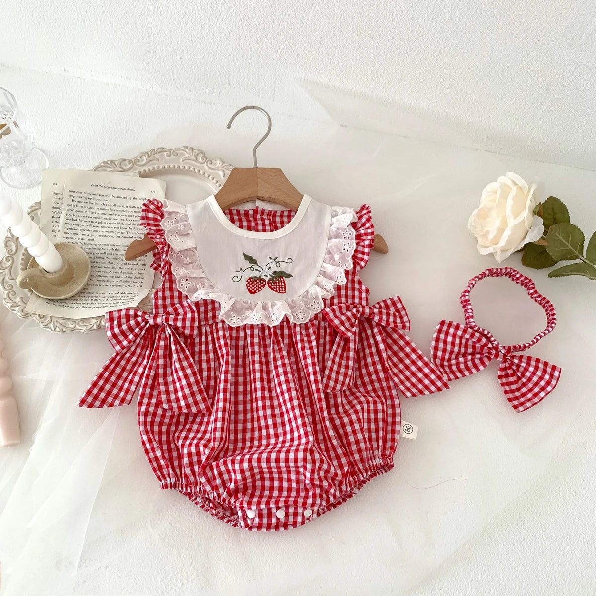 Baby Girls Romper - Summer Plaid Strawberry Embroidery Sleeveless Cotton Bodysuit - ZOOMNSTORE