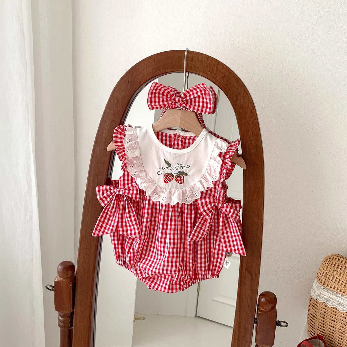 Baby Girls Romper - Summer Plaid Strawberry Embroidery Sleeveless Cotton Bodysuit - ZOOMNSTORE