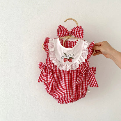 Baby Girls Romper - Summer Plaid Strawberry Embroidery Sleeveless Cotton Bodysuit - ZOOMNSTORE