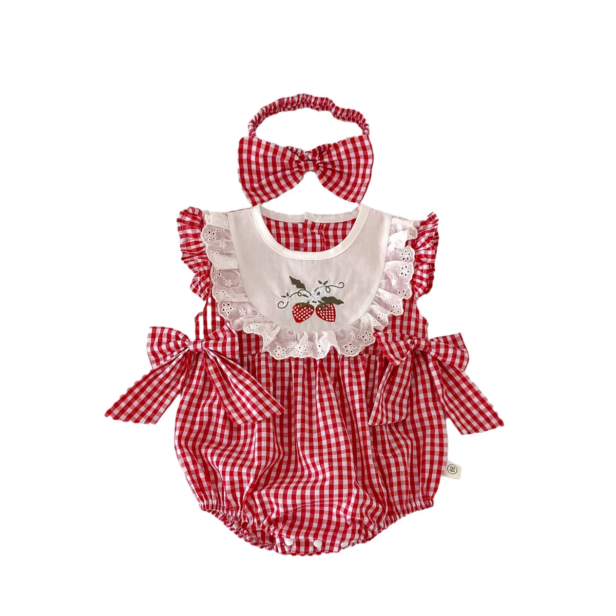 Baby Girls Romper - Summer Plaid Strawberry Embroidery Sleeveless Cotton Bodysuit - ZOOMNSTORE