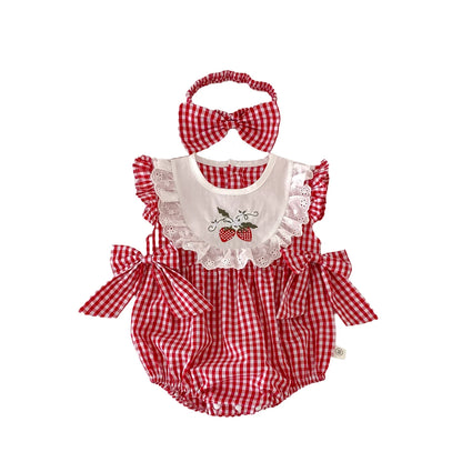 Baby Girls Romper - Summer Plaid Strawberry Embroidery Sleeveless Cotton Bodysuit - ZOOMNSTORE