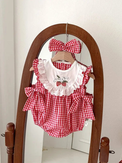 Baby Girls Romper - Summer Plaid Strawberry Embroidery Sleeveless Cotton Bodysuit - ZOOMNSTORE