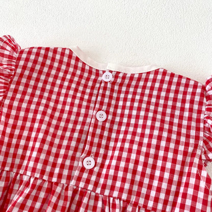 Baby Girls Romper - Summer Plaid Strawberry Embroidery Sleeveless Cotton Bodysuit - ZOOMNSTORE