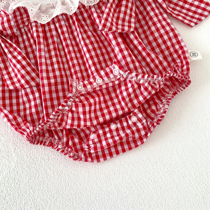 Baby Girls Romper - Summer Plaid Strawberry Embroidery Sleeveless Cotton Bodysuit - ZOOMNSTORE