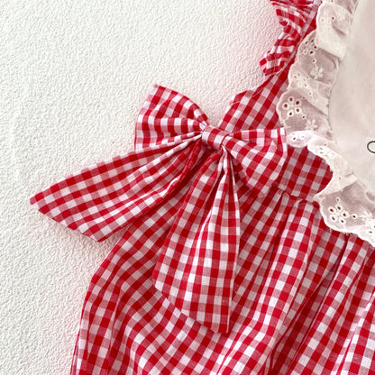 Baby Girls Romper - Summer Plaid Strawberry Embroidery Sleeveless Cotton Bodysuit - ZOOMNSTORE