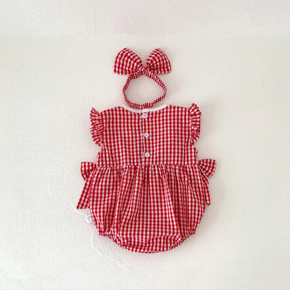 Baby Girls Romper - Summer Plaid Strawberry Embroidery Sleeveless Cotton Bodysuit - ZOOMNSTORE