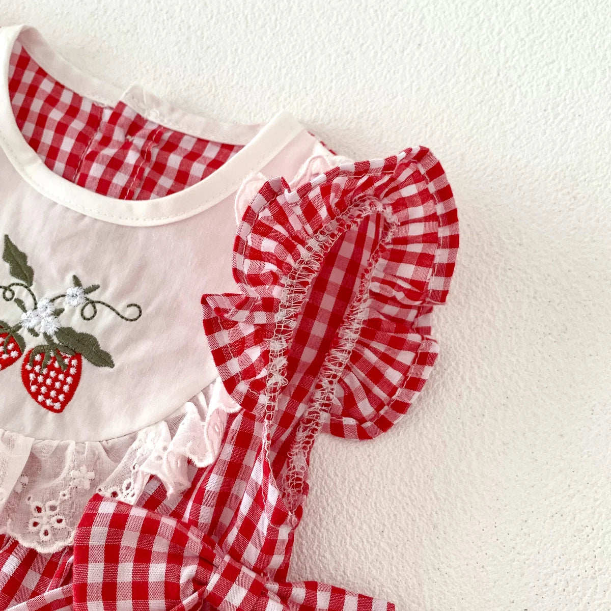 Baby Girls Romper - Summer Plaid Strawberry Embroidery Sleeveless Cotton Bodysuit - ZOOMNSTORE