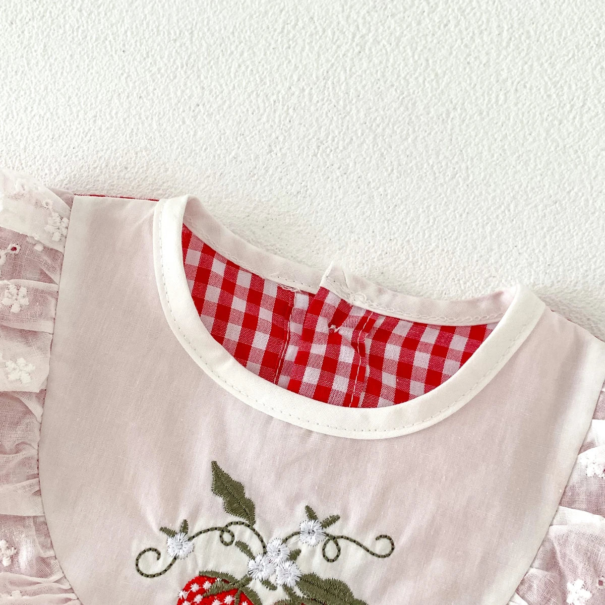 Baby Girls Romper - Summer Plaid Strawberry Embroidery Sleeveless Cotton Bodysuit - ZOOMNSTORE