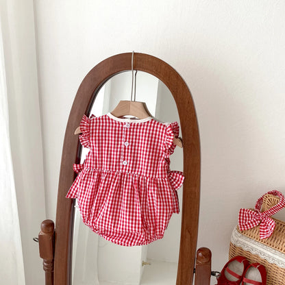 Baby Girls Romper - Summer Plaid Strawberry Embroidery Sleeveless Cotton Bodysuit - ZOOMNSTORE