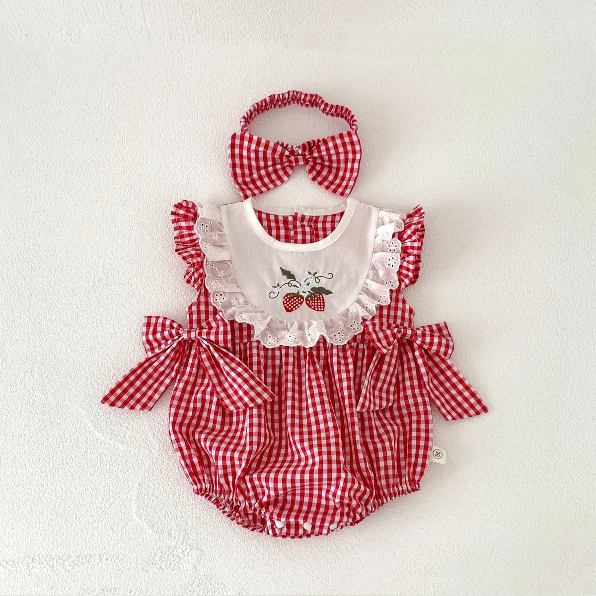 Baby Girls Romper - Summer Plaid Strawberry Embroidery Sleeveless Cotton Bodysuit - ZOOMNSTORE