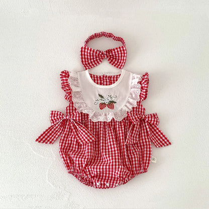 Baby Girls Romper - Summer Plaid Strawberry Embroidery Sleeveless Cotton Bodysuit - ZOOMNSTORE