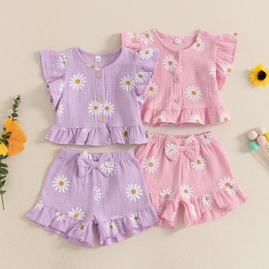 Floral Print Summer Outfit Set for Baby Girls - Cute Top  Elastic Shorts - ZOOMNSTORE
