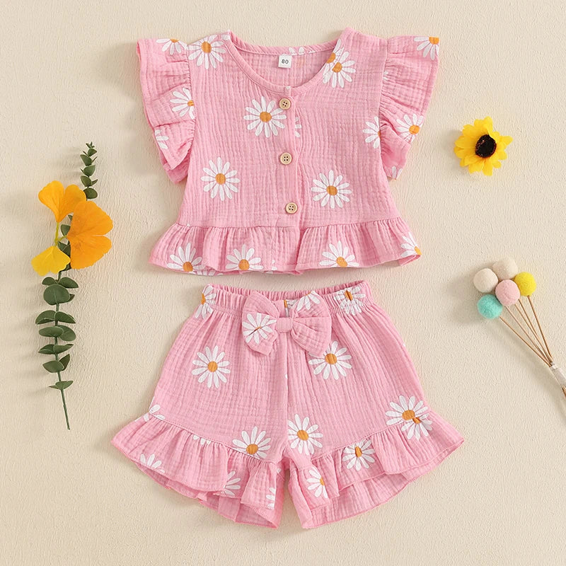 Floral Print Summer Outfit Set for Baby Girls - Cute Top  Elastic Shorts - ZOOMNSTORE