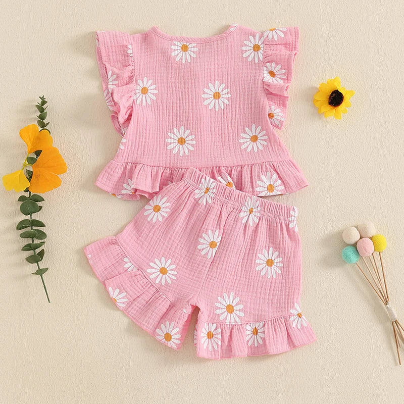 Floral Print Summer Outfit Set for Baby Girls - Cute Top  Elastic Shorts - ZOOMNSTORE