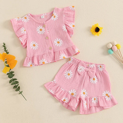 Floral Print Summer Outfit Set for Baby Girls - Cute Top  Elastic Shorts - ZOOMNSTORE