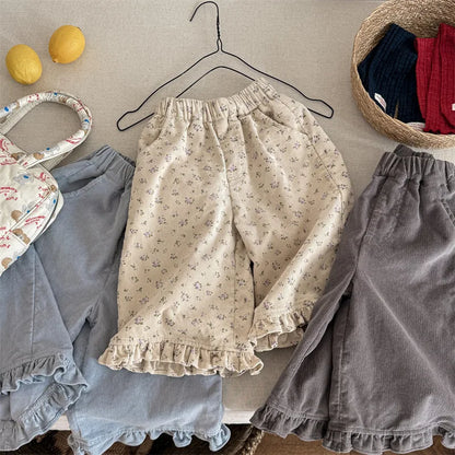 Floral Wide Leg Corduroy Pants - Baby Girls Casual Trousers - ZOOMNSTORE