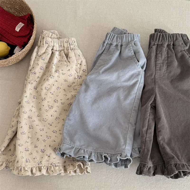 Floral Wide Leg Corduroy Pants - Baby Girls Casual Trousers - ZOOMNSTORE