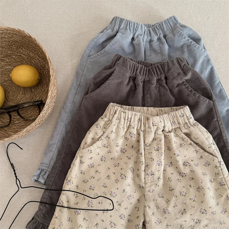 Floral Wide Leg Corduroy Pants - Baby Girls Casual Trousers - ZOOMNSTORE