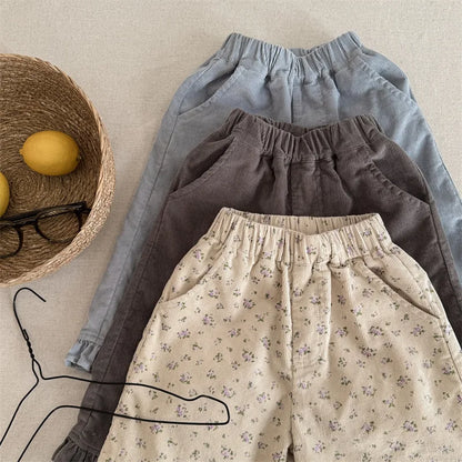 Floral Wide Leg Corduroy Pants - Baby Girls Casual Trousers - ZOOMNSTORE