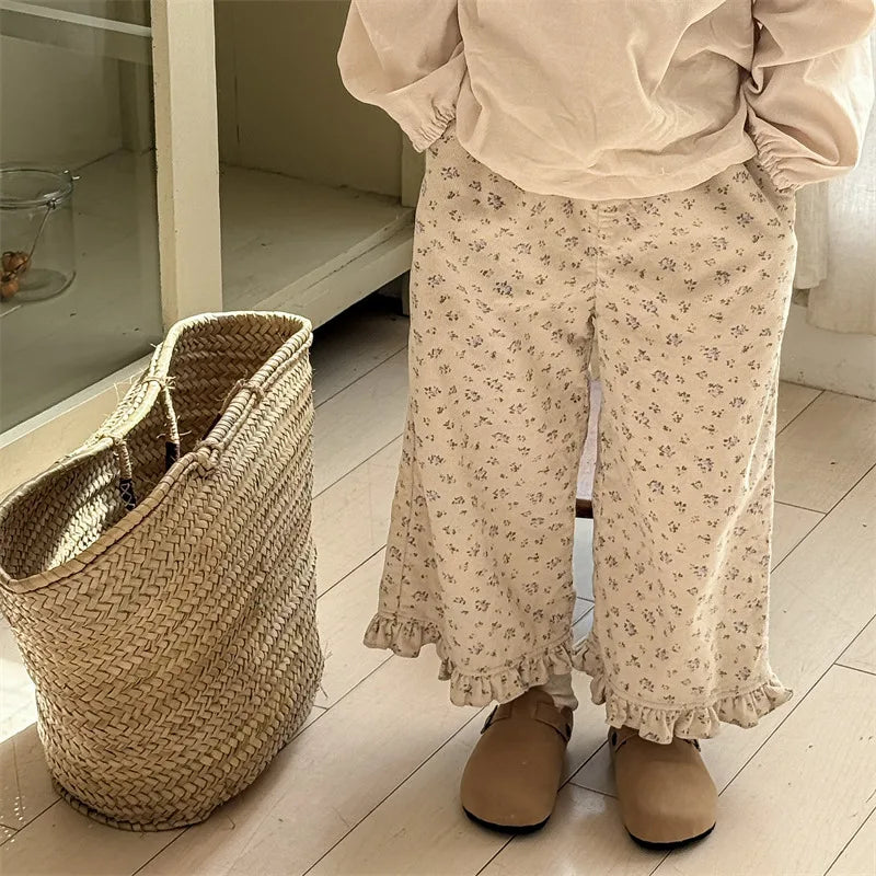 Floral Wide Leg Corduroy Pants - Baby Girls Casual Trousers - ZOOMNSTORE