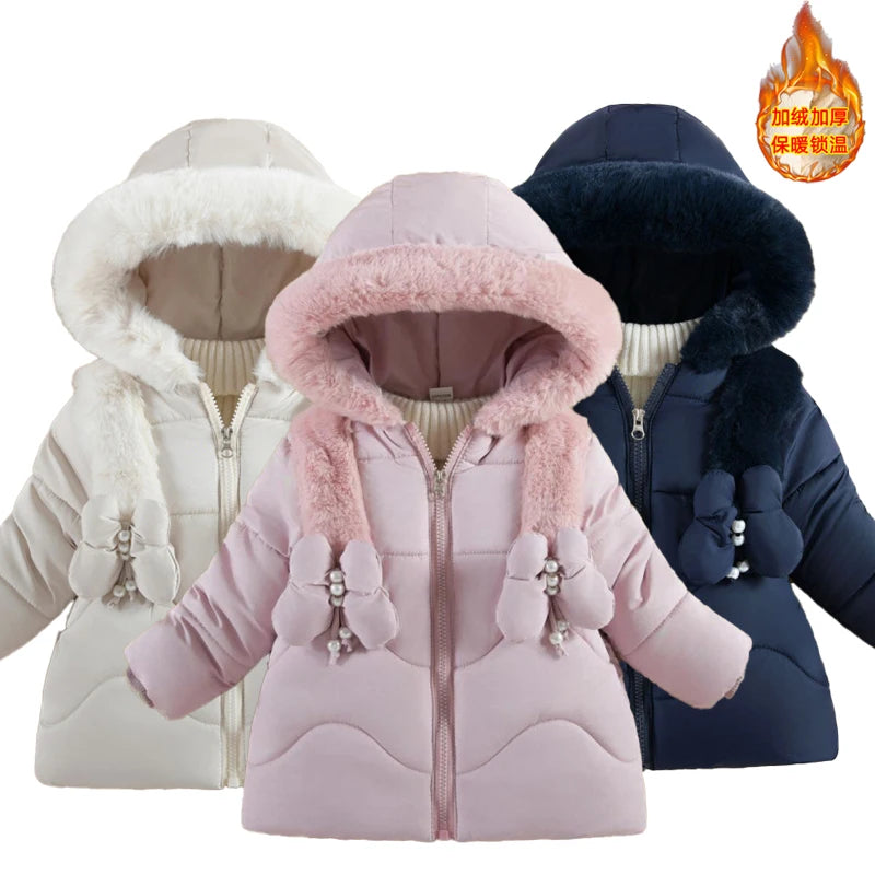 Baby Girls Winter Jacket - Hooded Cotton Coat With Butterfly Decoration, Zipper - ZOOMNSTORE