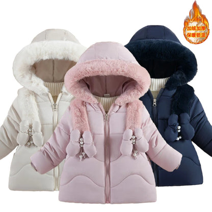 Baby Girls Winter Jacket - Hooded Cotton Coat With Butterfly Decoration, Zipper - ZOOMNSTORE