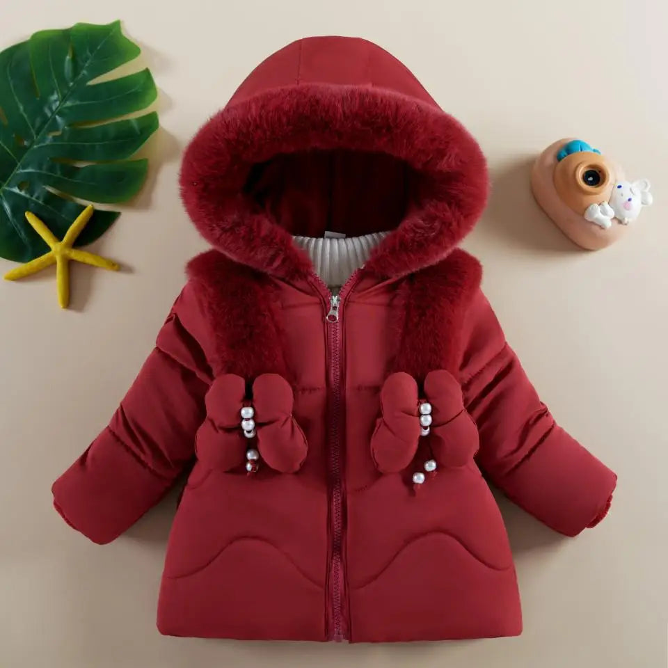 Baby Girls Winter Jacket - Hooded Cotton Coat With Butterfly Decoration, Zipper - ZOOMNSTORE