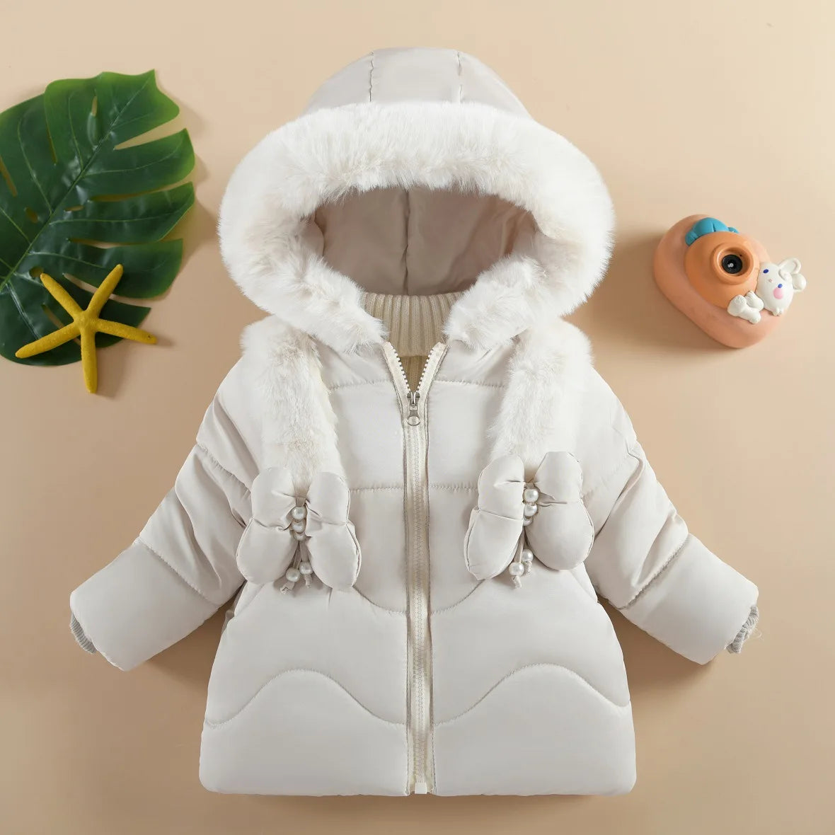 Baby Girls Winter Jacket - Hooded Cotton Coat With Butterfly Decoration, Zipper - ZOOMNSTORE