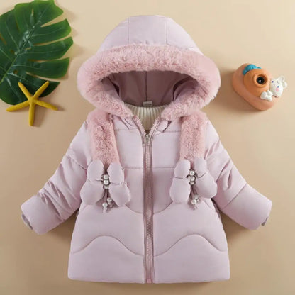 Baby Girls Winter Jacket - Hooded Cotton Coat With Butterfly Decoration, Zipper - ZOOMNSTORE