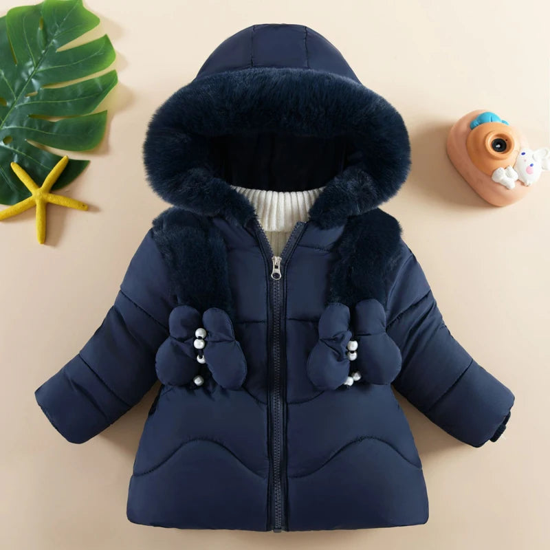Baby Girls Winter Jacket - Hooded Cotton Coat With Butterfly Decoration, Zipper - ZOOMNSTORE