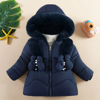 Baby Girls Winter Jacket - Hooded Cotton Coat With Butterfly Decoration, Zipper - ZOOMNSTORE