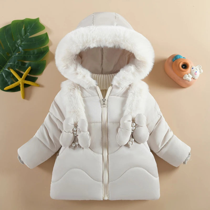 Baby Girls Winter Jacket - Hooded Cotton Coat With Butterfly Decoration, Zipper - ZOOMNSTORE