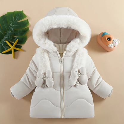 Baby Girls Winter Jacket - Hooded Cotton Coat With Butterfly Decoration, Zipper - ZOOMNSTORE